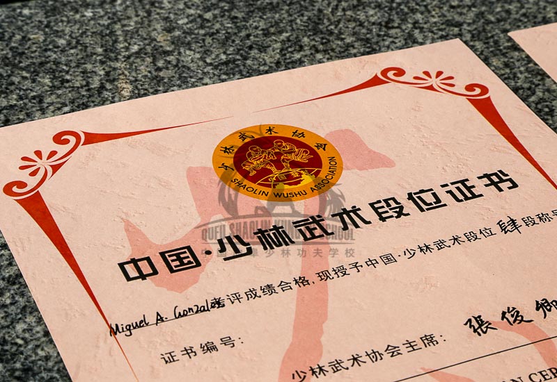 Shaolin Wushu Association certificate