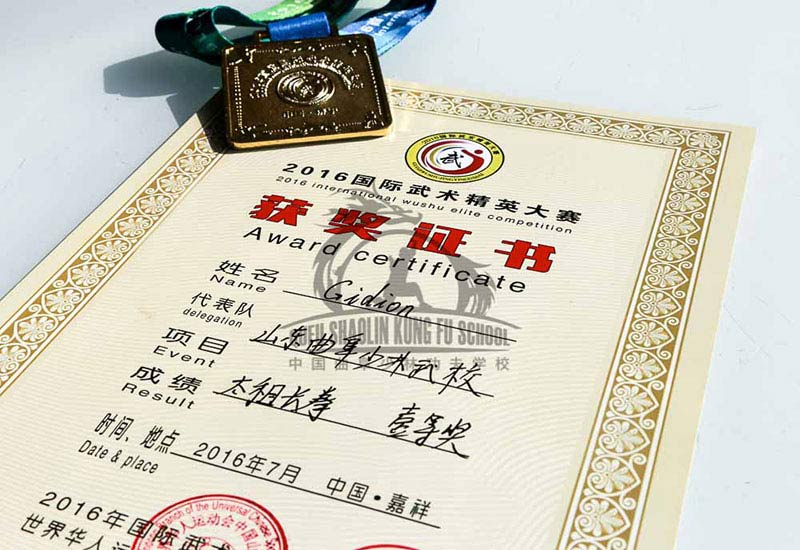 certification and medals wushu school